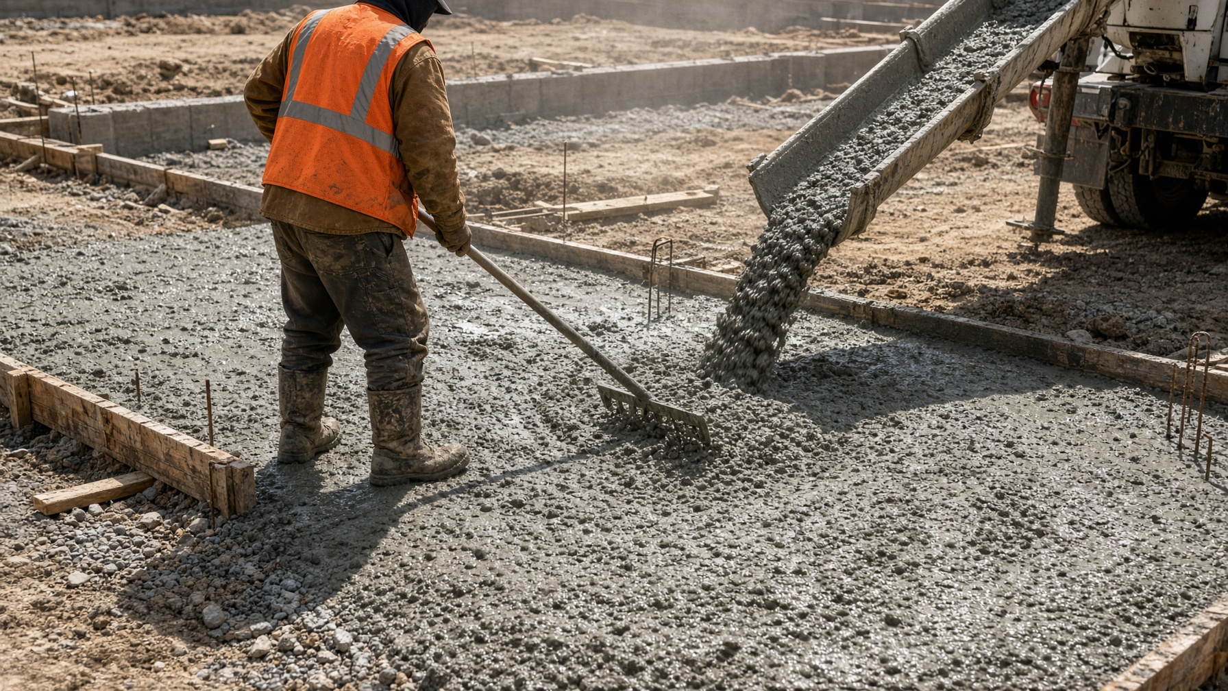 Crew member in a safety-orange vest pulling a fresh concrete pour into a residential form.